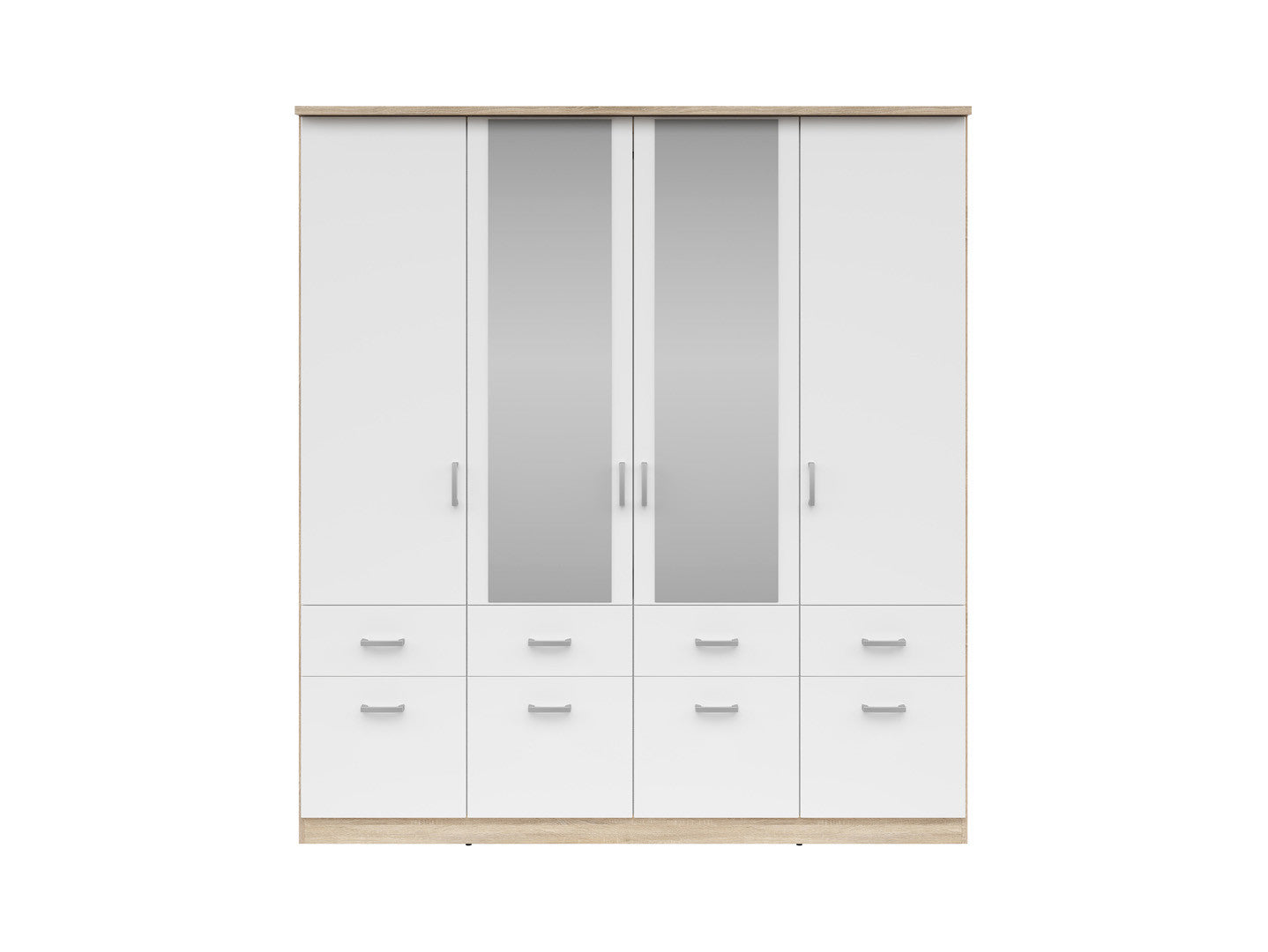 Brando 4 Wardrobe 181 cm – White Matt | Mirror Centre Doors | Hanging Rail | 8 Drawers | Shelves | Grey Textile Interior | 181×199×58 cm