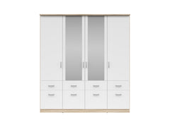 Brando 4 Wardrobe 181 cm – White Matt | Mirror Centre Doors | Hanging Rail | 8 Drawers | Shelves | Grey Textile Interior | 181×199×58 cm
