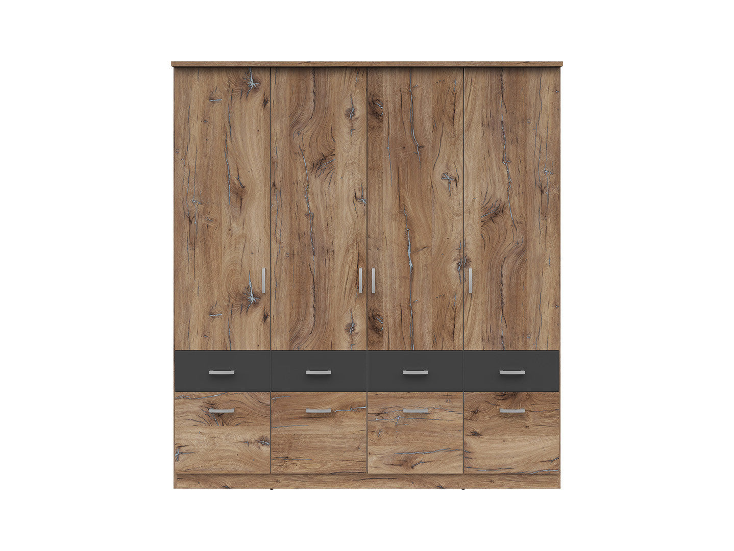 Brando 4 Wardrobe 4-Door with 8 Drawers – Dark Flagstaff Oak / Graphite