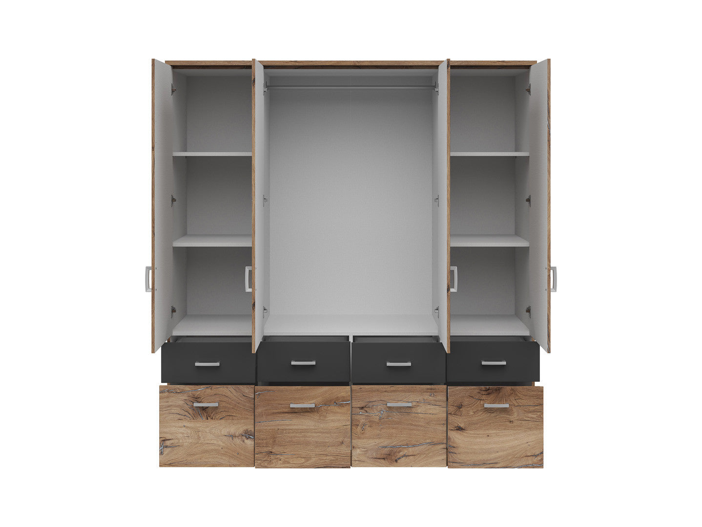 Brando 4 Wardrobe 4-Door with 8 Drawers – Dark Flagstaff Oak / Graphite