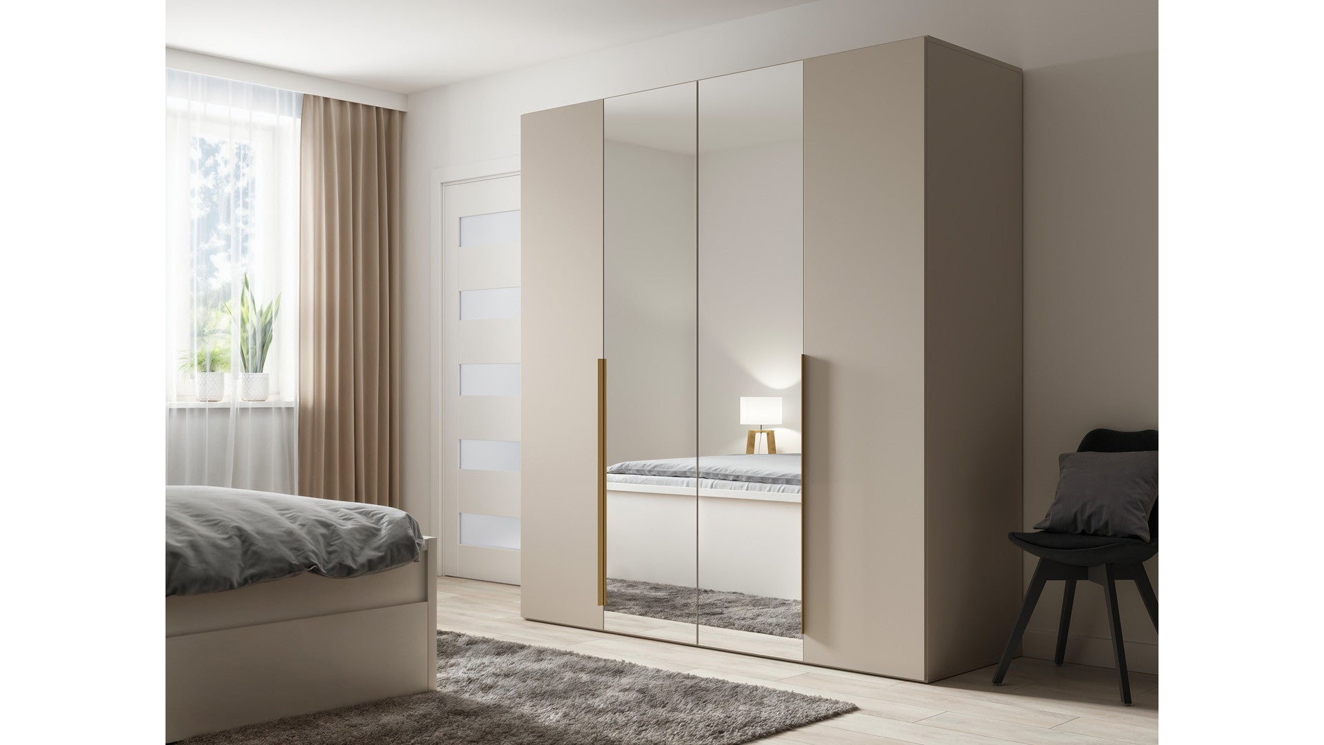 Flex 4-Door Wardrobe with Mirror 200 cm – Cashmere & Grey, 218 cm Tall