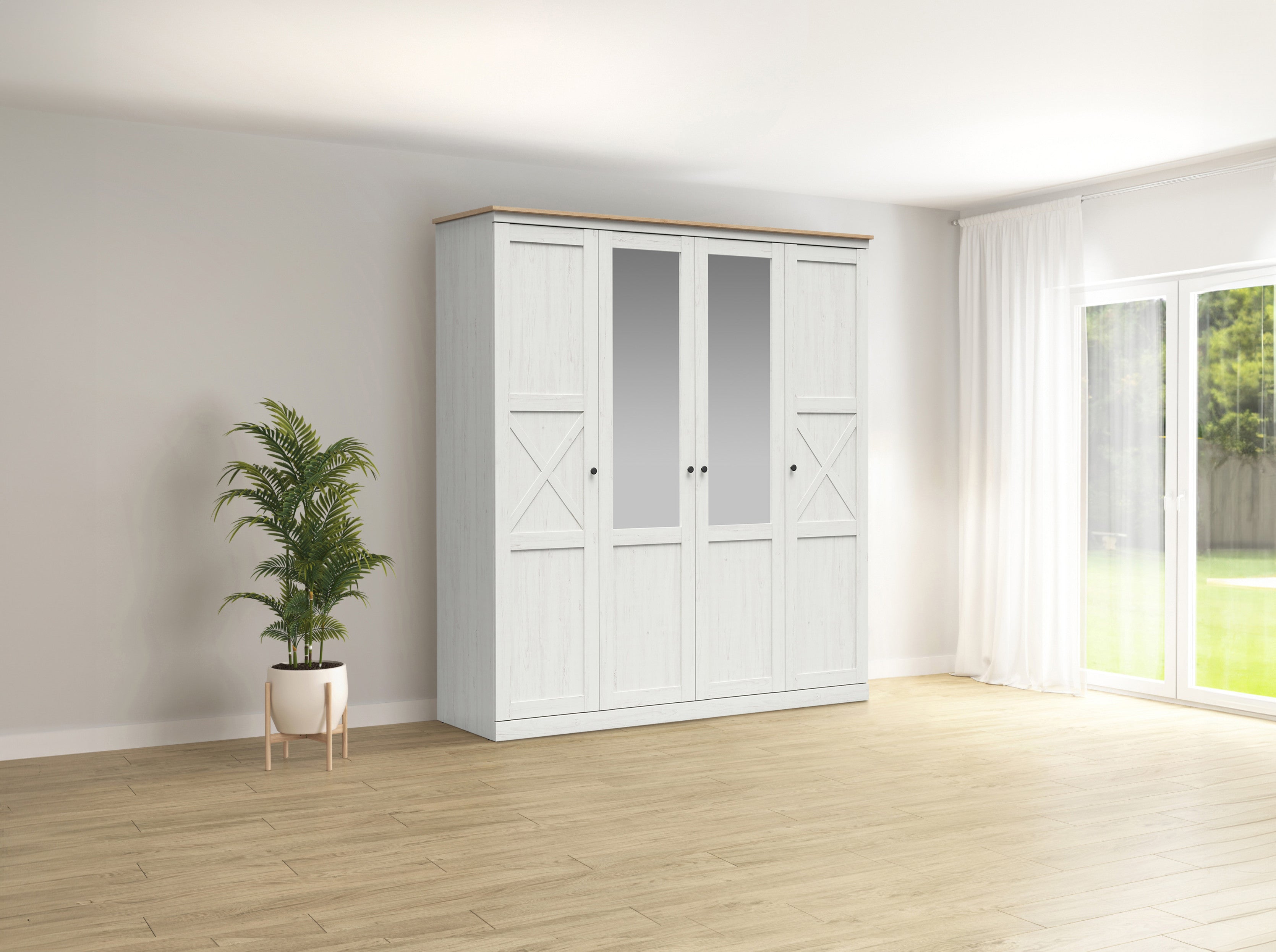 Frija Wardrobe 203 cm – 4-Door Scandinavian Wardrobe with Mirrors, 2 Rails & Soft-Close Hinges | Andersen Pine / Artisan Oak