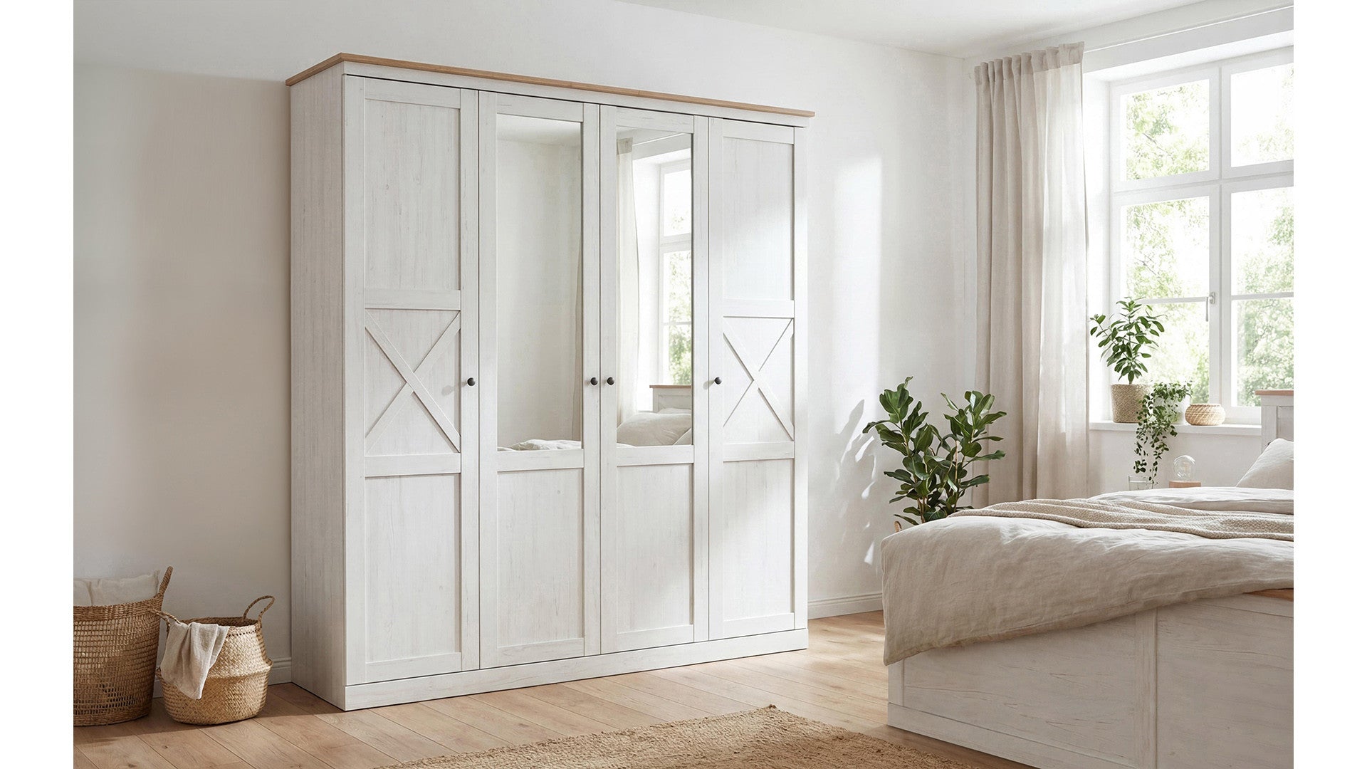 Frija Wardrobe 203 cm – 4-Door Scandinavian Wardrobe with Mirrors, 2 Rails & Soft-Close Hinges | Andersen Pine / Artisan Oak