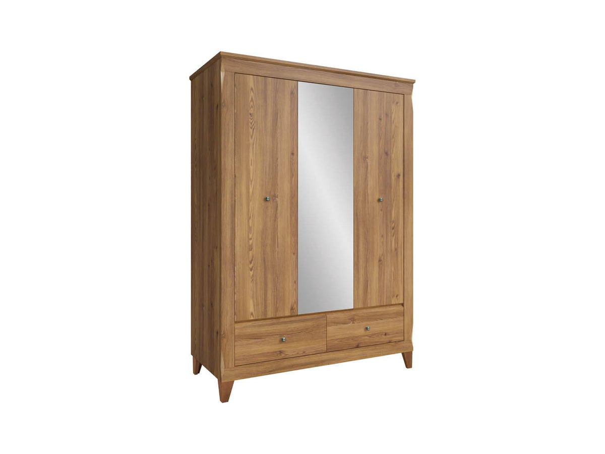 Bergen Wardrobe 144×202cm – Golden Sibiu Larch | Mirror Front, Hanging Rail & Drawers
