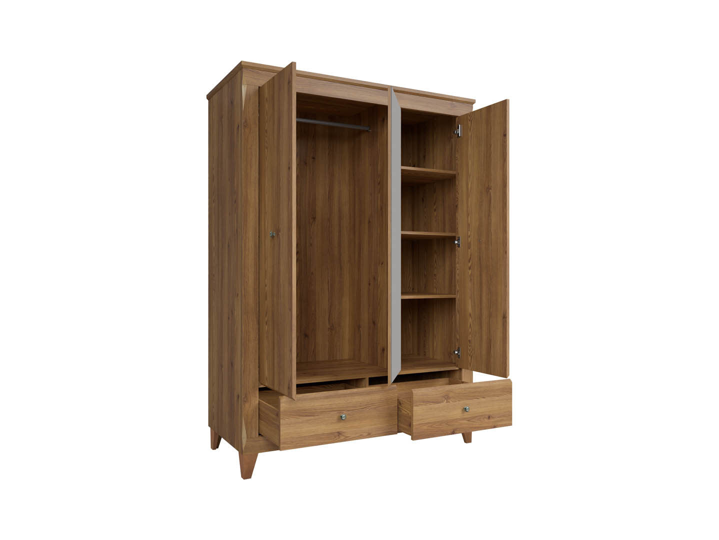 Bergen Wardrobe 144×202cm – Golden Sibiu Larch | Mirror Front, Hanging Rail & Drawers
