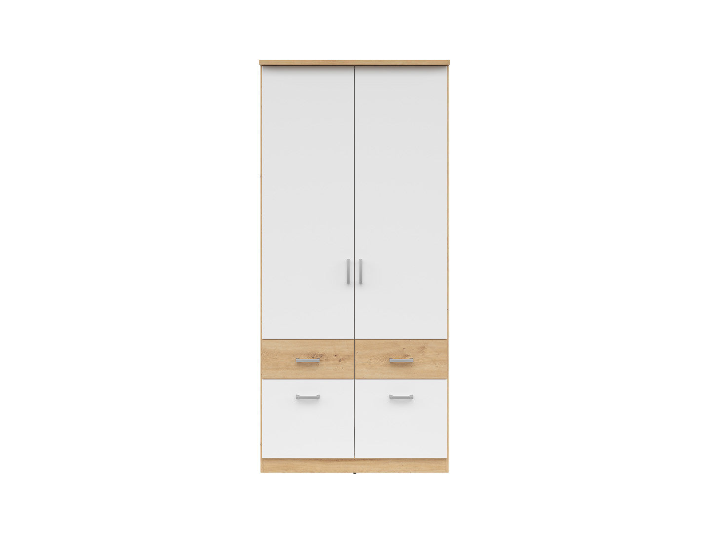 Brando 2 Wardrobe 91cm — Shelving, Hanging Rail, 4 Drawers & Silver Handles, Artisan Oak & White