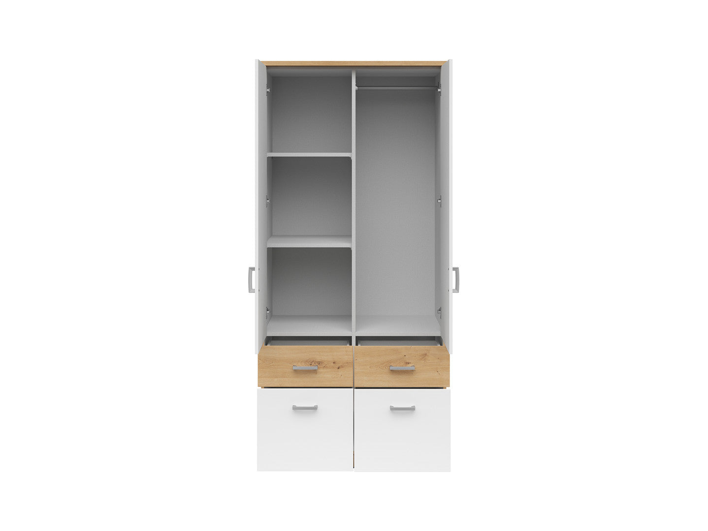Brando 2 Wardrobe 91cm — Shelving, Hanging Rail, 4 Drawers & Silver Handles, Artisan Oak & White