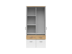 Brando 2 Wardrobe 91cm — Shelving, Hanging Rail, 4 Drawers & Silver Handles, Artisan Oak & White