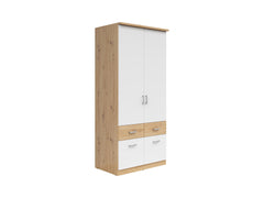 Brando 2 Wardrobe 91cm — Shelving, Hanging Rail, 4 Drawers & Silver Handles, Artisan Oak & White
