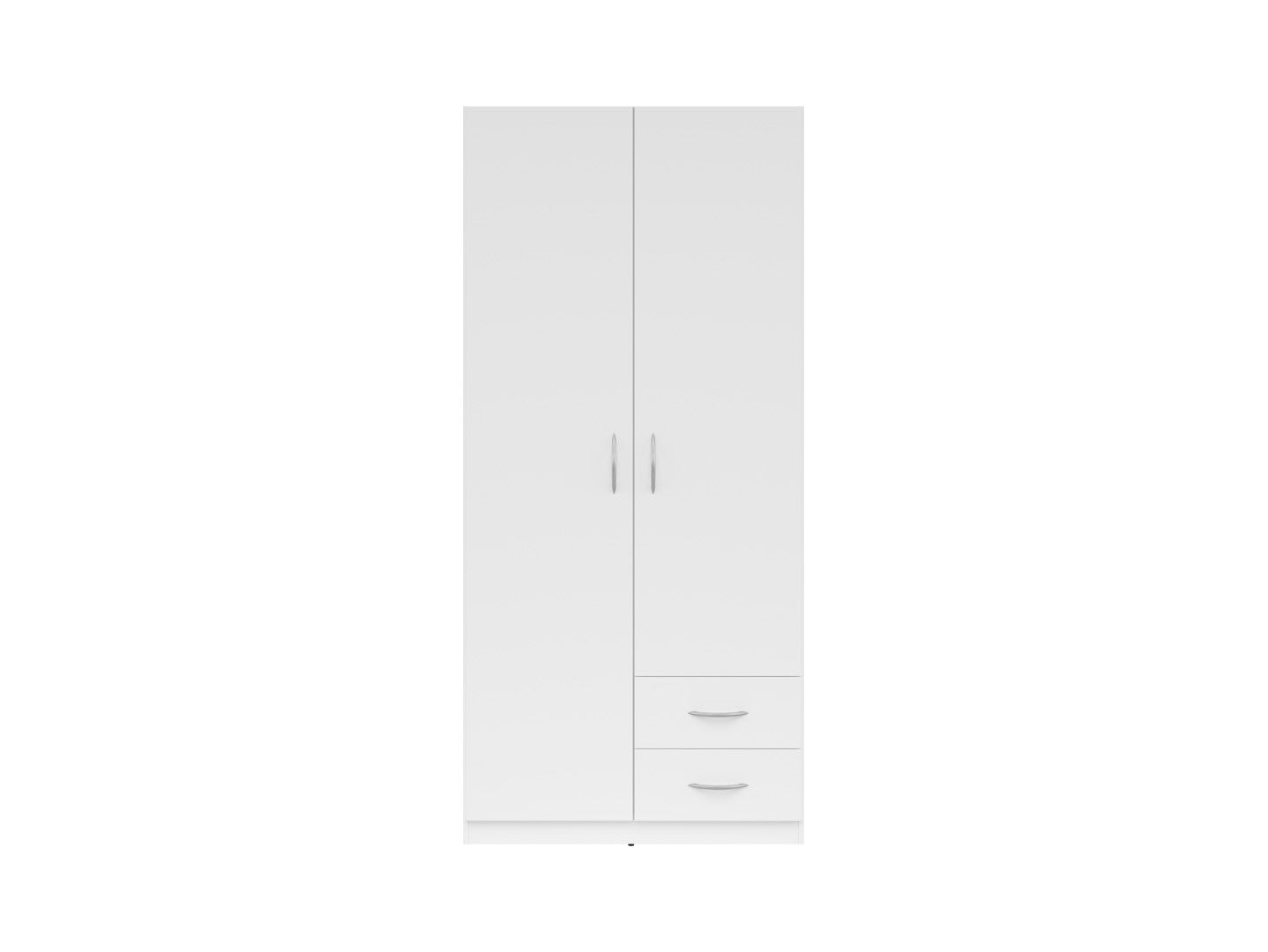 Casao 2-Door Wardrobe 91cm — Hanging Rail, Shelving Section, 2 Drawers & Grey Handles, White