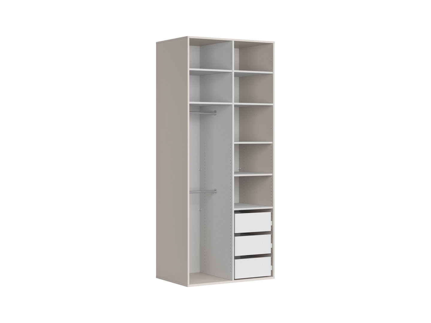 Flex Double Door Wardrobe 100 cm – Cashmere & Gold Edge Handles | 2 Hanging Rails | 3 Full-Extension Drawers | Shelves | Grey Canvas Interior | 100×240×66 cm