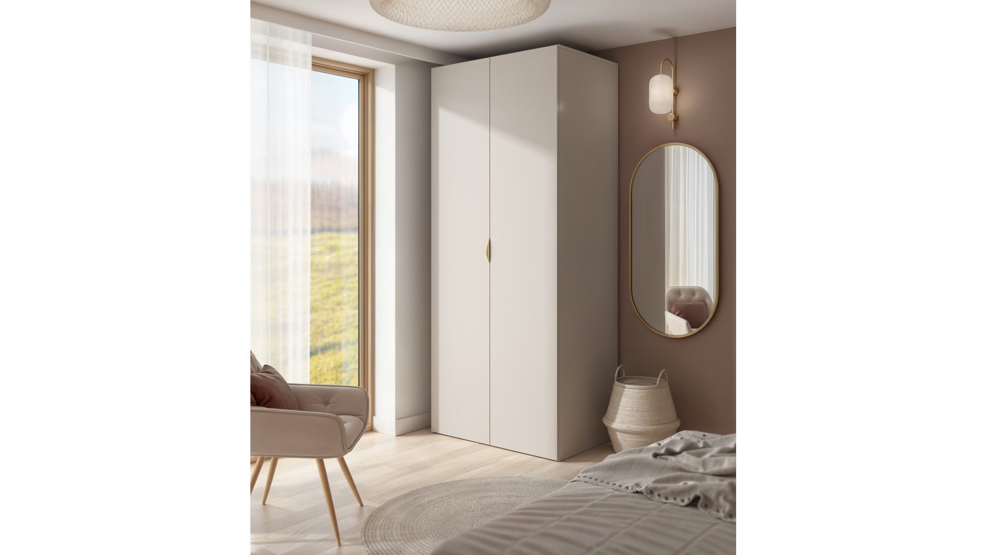 Flex Double Door Wardrobe 100 cm – Cashmere & Gold Edge Handles | 2 Hanging Rails | 3 Full-Extension Drawers | Shelves | Grey Canvas Interior | 100×240×66 cm