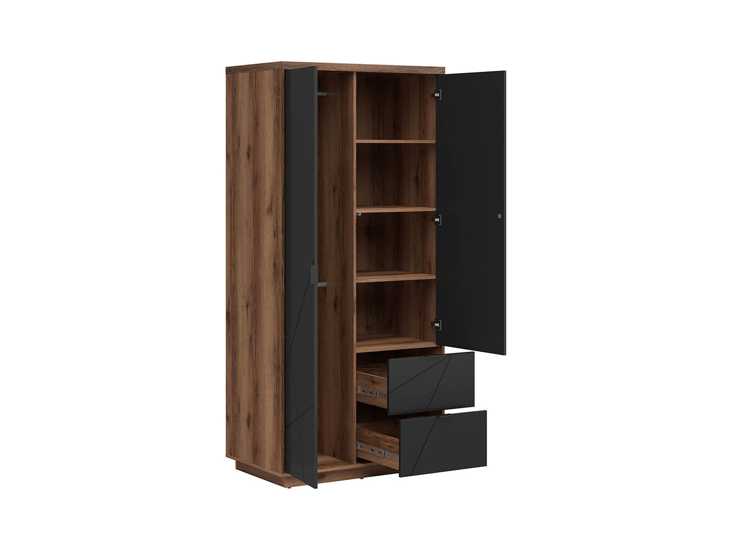 Forn Wardrobe 94×200cm – Dark Delano Oak & Black Matt | 2 Hanging Rails, 4 Shelves & 2 Drawers