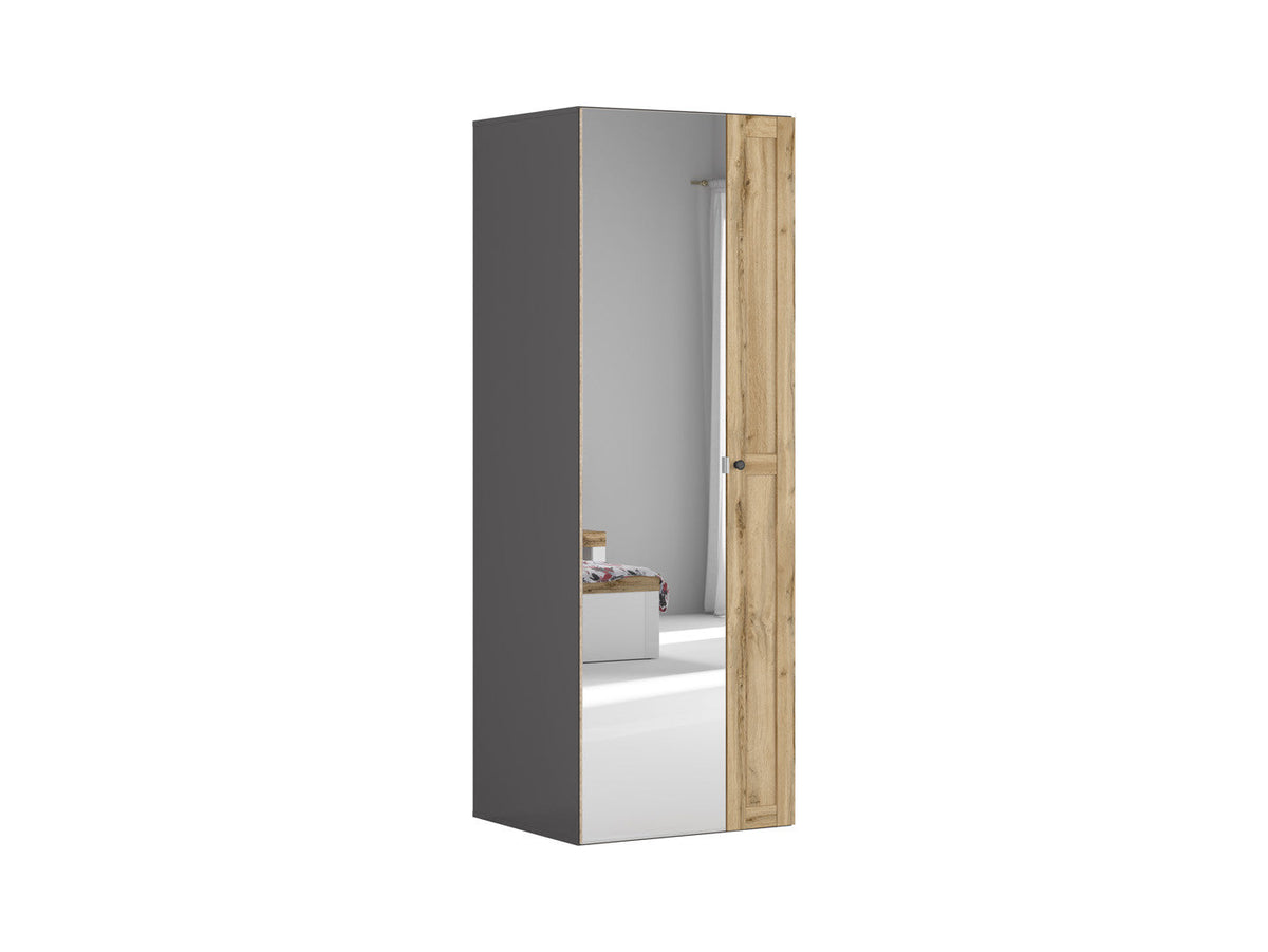 Flex Wardrobe 75cm | Graphite & Wotan Oak Mirror Fronts | Hanging Rail, Shelves & 3 Drawers | 75x218cm