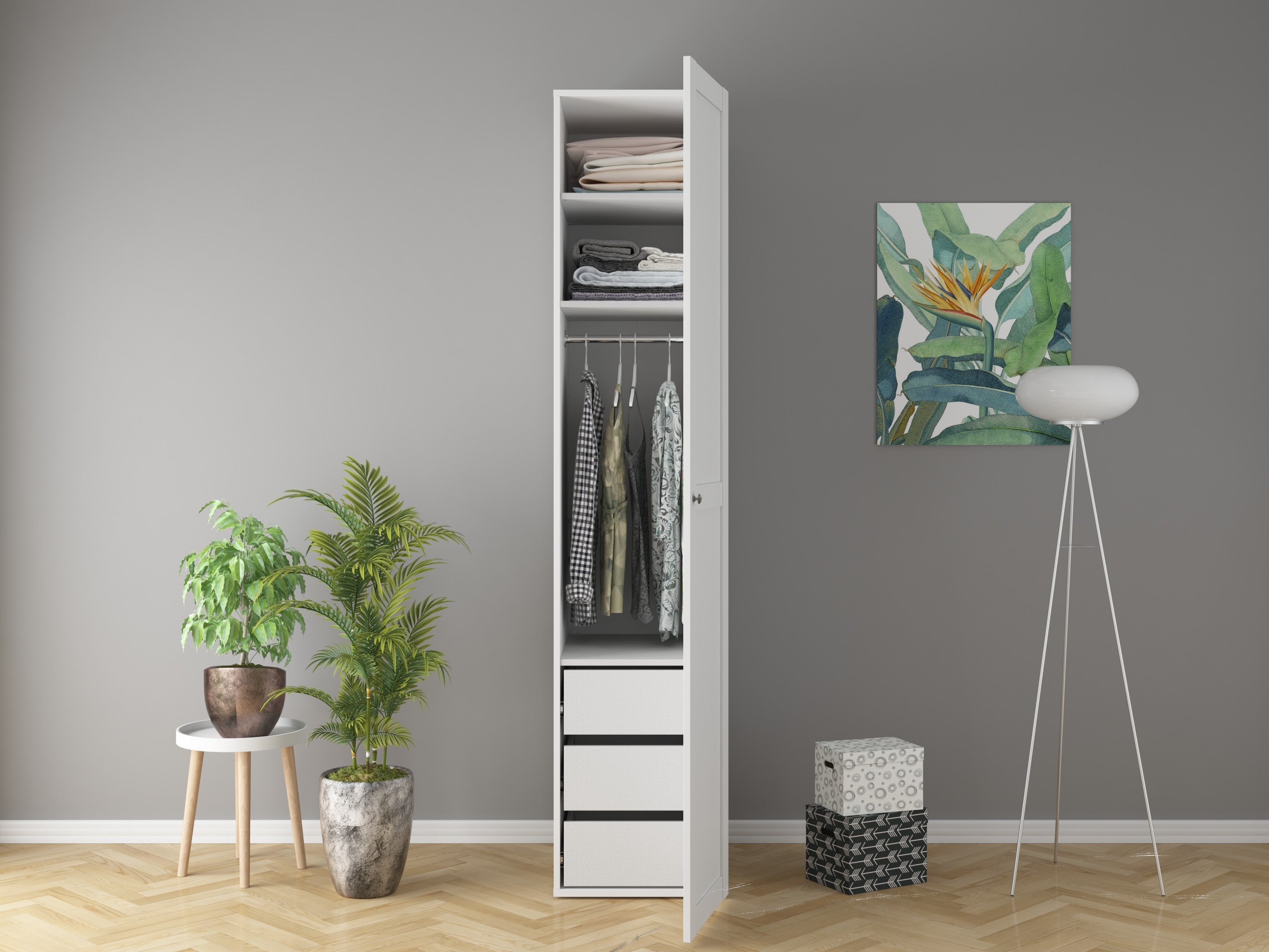 Flex Narrow Tower Wardrobe 50 cm – White, 3 Soft-Close Drawers, Hanging Rail, 10-Year Warranty