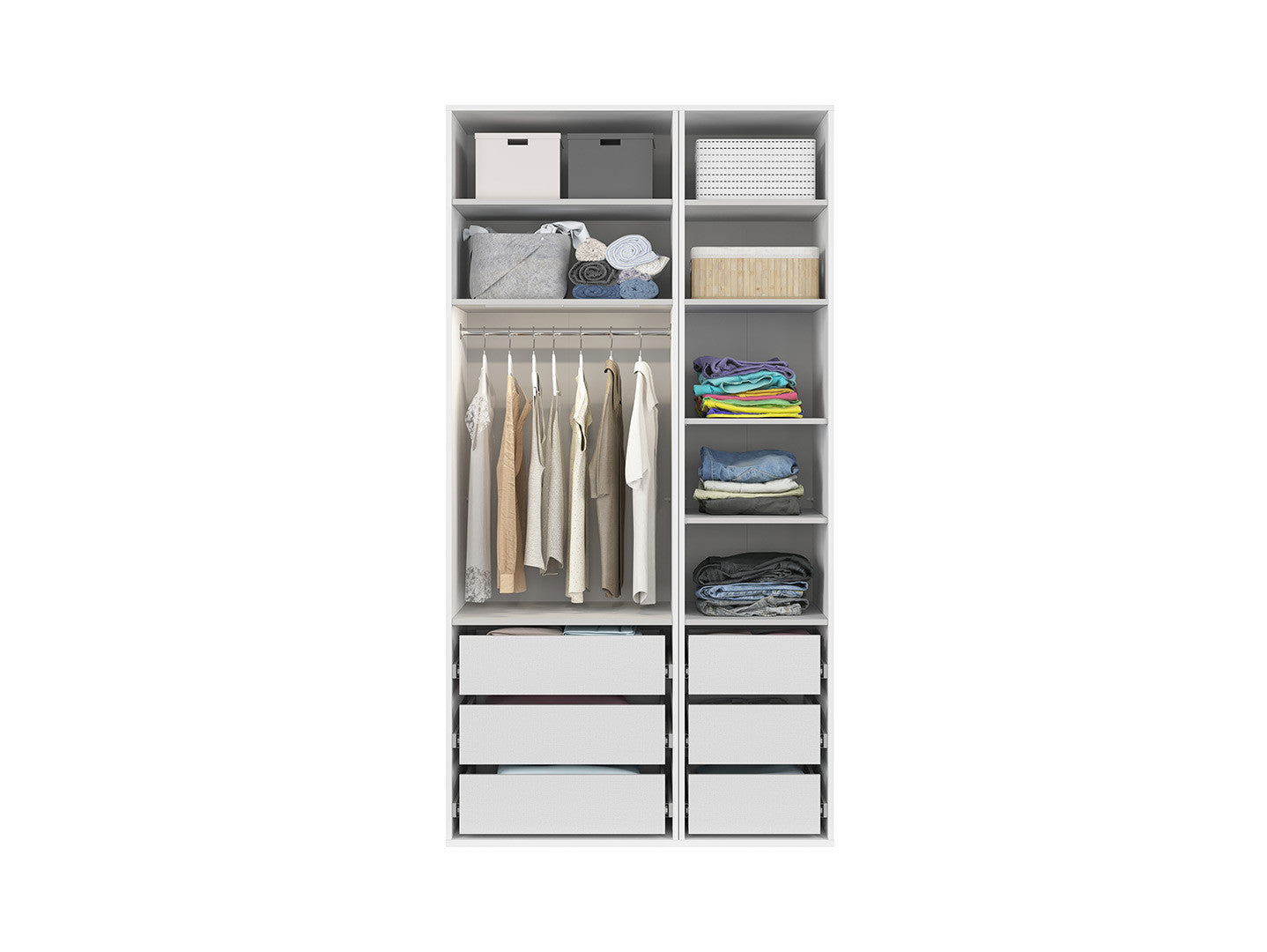 Flex Wardrobe Set of 2 – 125×240×66 cm, Mirror Panel, 6 Soft-Close Drawers & LED | White & Grey