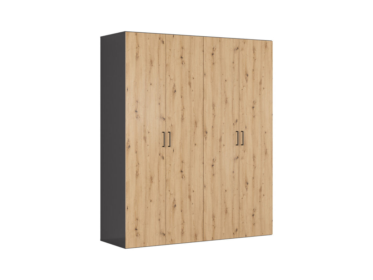 Flex Modular Wardrobe 200cm — 4 Doors, 14 Shelves, 3 Rails & 3 Soft-Close Drawers, Graphite & Artisan Oak
