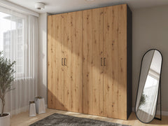 Flex Modular Wardrobe 200cm — 4 Doors, 14 Shelves, 3 Rails & 3 Soft-Close Drawers, Graphite & Artisan Oak