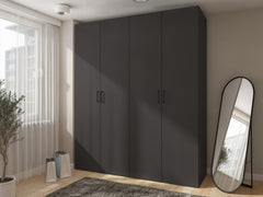 Flex Modular Wardrobe 200 cm – Graphite | 4 Doors | 3 Hanging Rails | 14 Shelves | 3 Soft-Close Drawers | Grey Canvas Interior | 200×240×66 cm