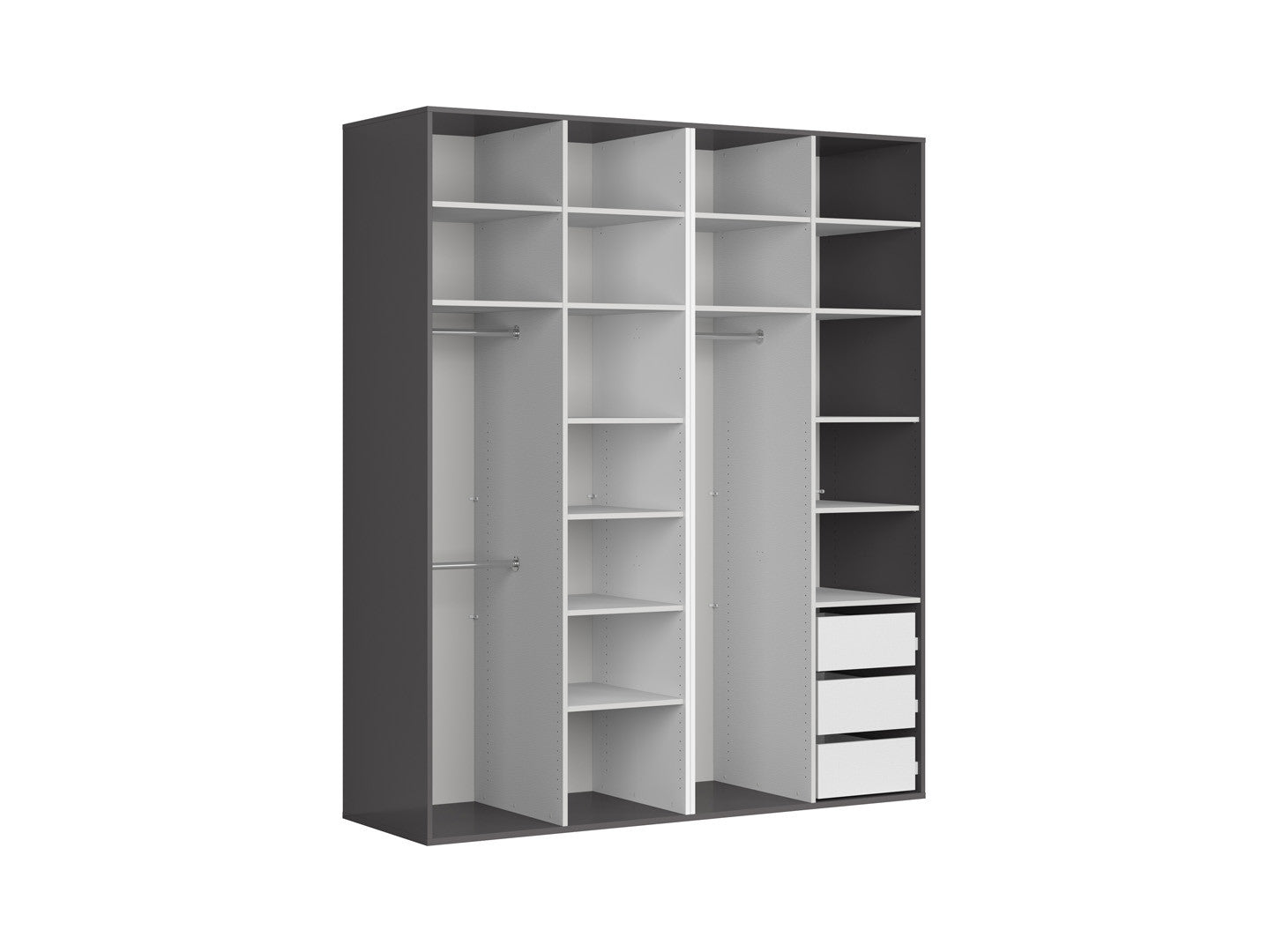 Flex Modular Wardrobe 200 cm – Graphite | 4 Doors | 3 Hanging Rails | 14 Shelves | 3 Soft-Close Drawers | Grey Canvas Interior | 200×240×66 cm