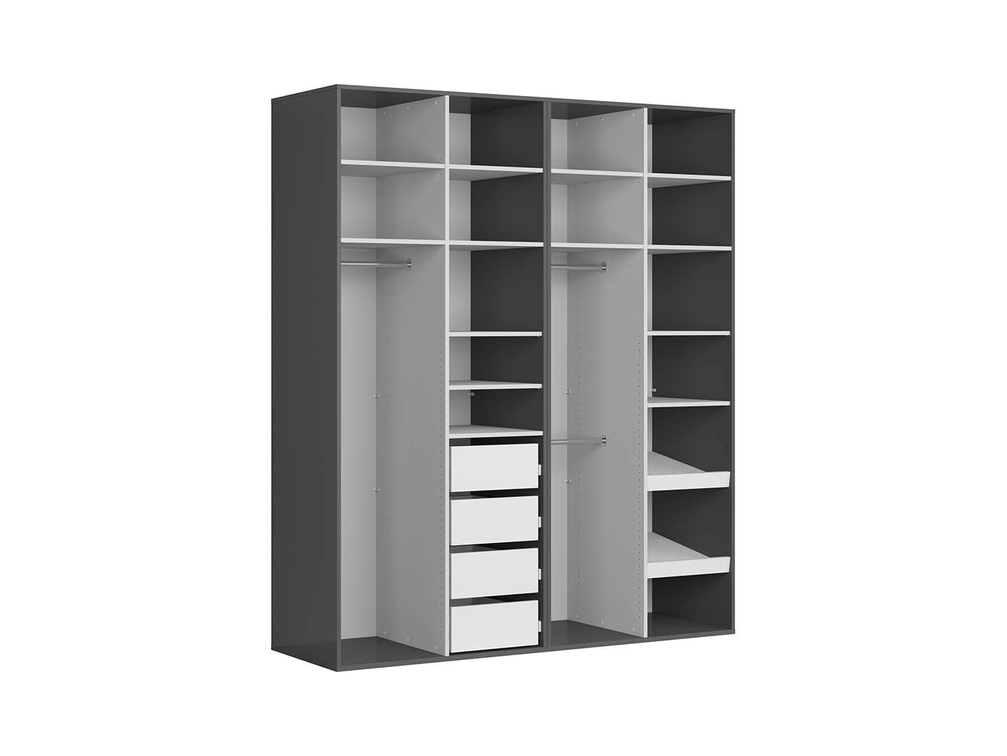 Flex Wardrobe 200 – 2-Unit Set with 4 Doors, 3 Rails, Shoe Shelves & Soft-Close Drawers | Graphite | 200×240 cm
