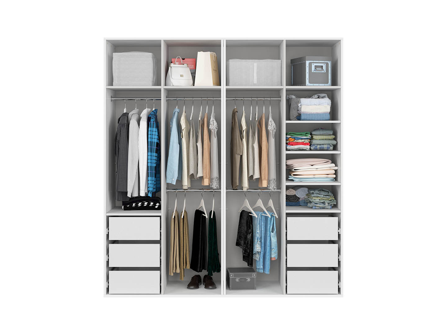 Flex Wardrobe 200 – 2-Unit Set with Mirror Panels, 6 Drawers & 5 Hanging Zones | White / White Gloss | 200×218 cm
