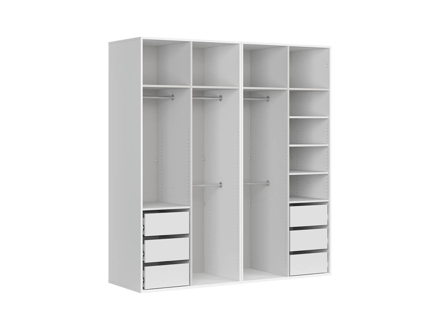 Flex Wardrobe 200 – 2-Unit Set with Mirror Panels, 6 Drawers & 5 Hanging Zones | White / White Gloss | 200×218 cm