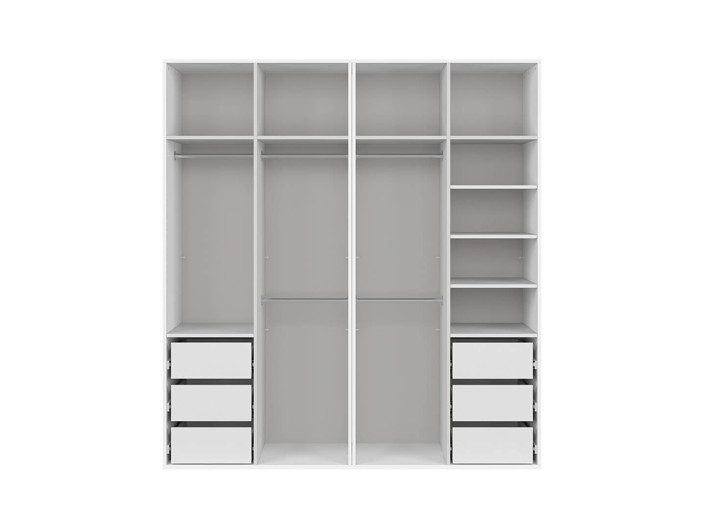 Flex Wardrobe 200 – 2-Unit Set with Mirror Panels, 6 Drawers & 5 Hanging Zones | White / White Gloss | 200×218 cm