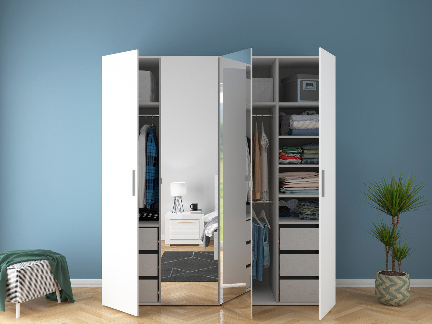 Flex Wardrobe 200 – 2-Unit Set with Mirror Panels, 6 Drawers & 5 Hanging Zones | White / White Gloss | 200×218 cm