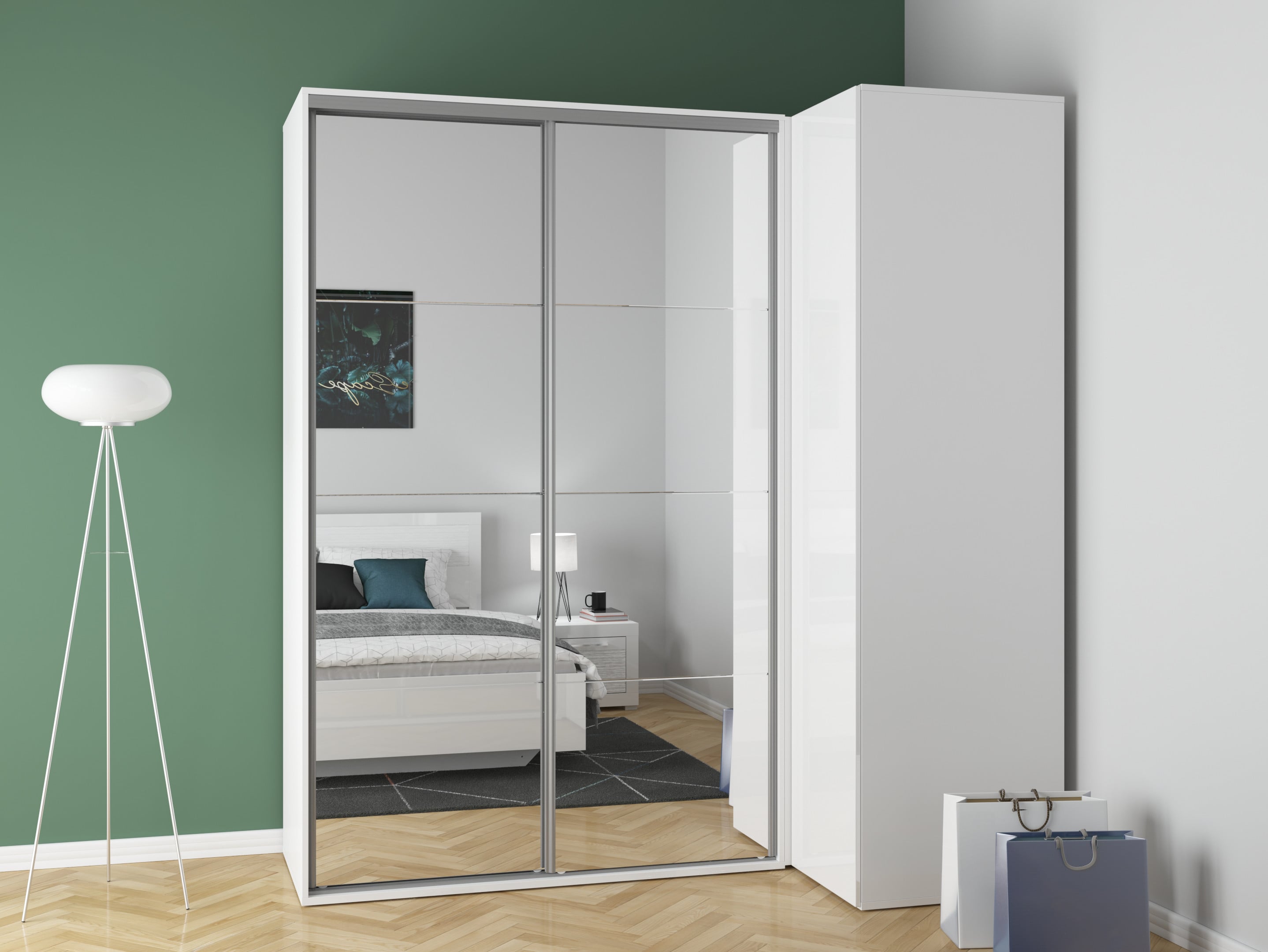Flex Corner Wardrobe Set 220×240 cm – White / White Gloss / Mirror Panels, 6 Drawers