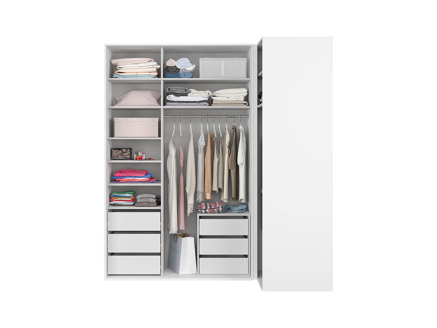 Flex Corner Wardrobe Set 220×240 cm – White / White Gloss / Mirror Panels, 6 Drawers