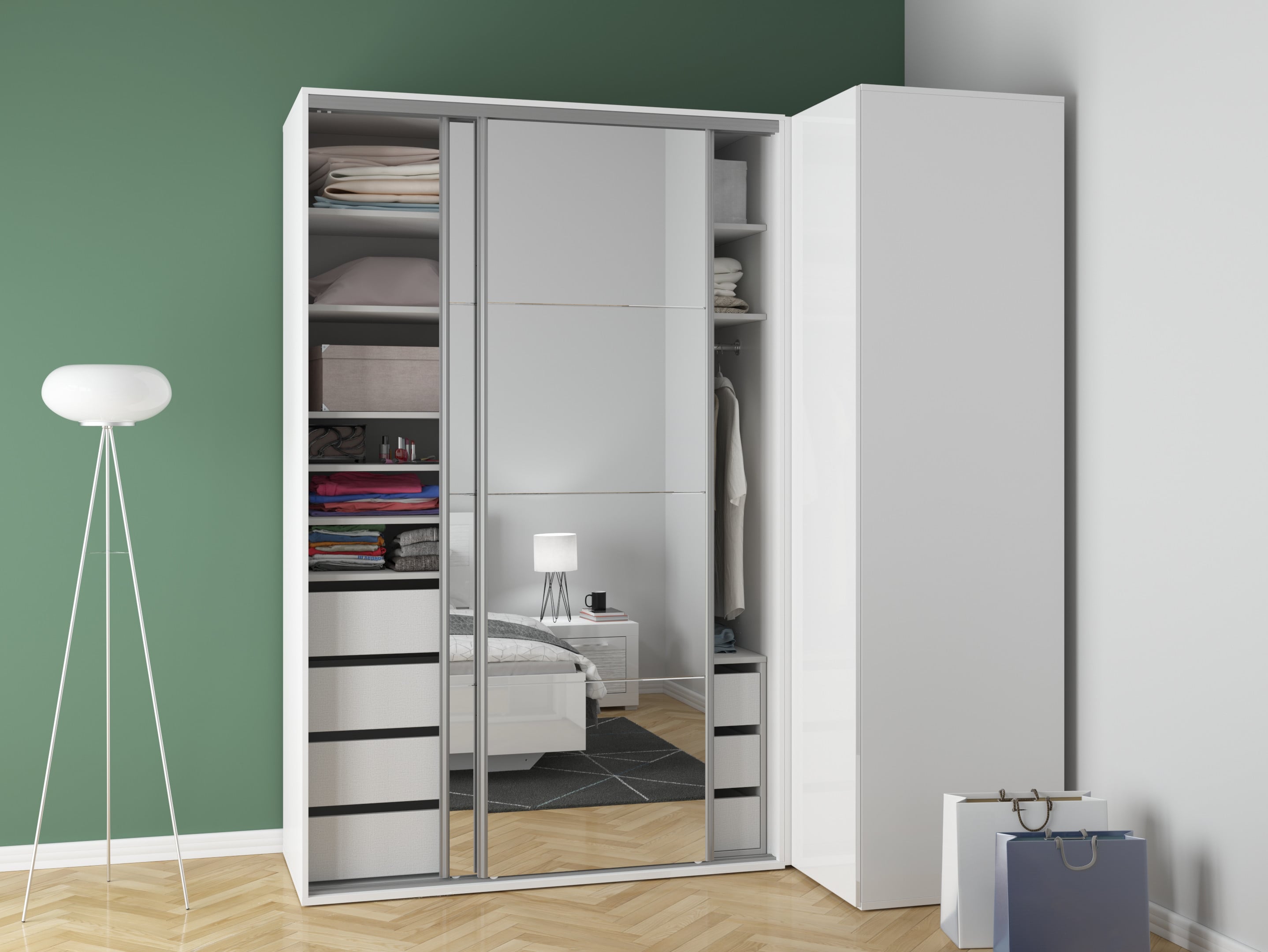 Flex Corner Wardrobe Set 220×240 cm – White / White Gloss / Mirror Panels, 6 Drawers
