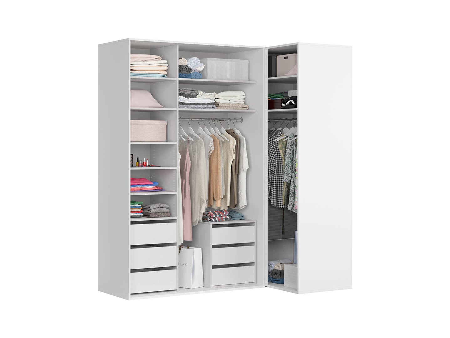 Flex Corner Wardrobe Set 220×240 cm – White / White Gloss / Mirror Panels, 6 Drawers