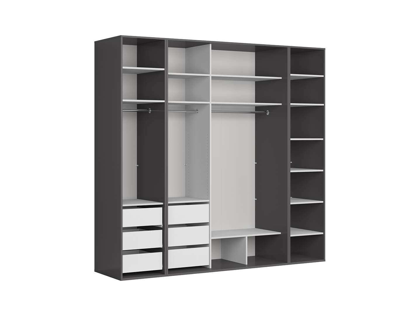 Flex Wardrobe 250 – 3-Unit Set with Sliding & Hinged Doors, 6 Drawers & 3 Rails | Graphite / Black Gloss | 250×240 cm
