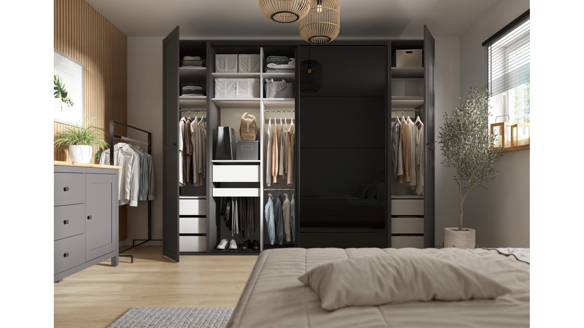 Flex Wardrobe 250 – 3-Unit Set with Sliding & Hinged Doors, 6 Drawers & 3 Rails | Graphite / Black Gloss | 250×240 cm