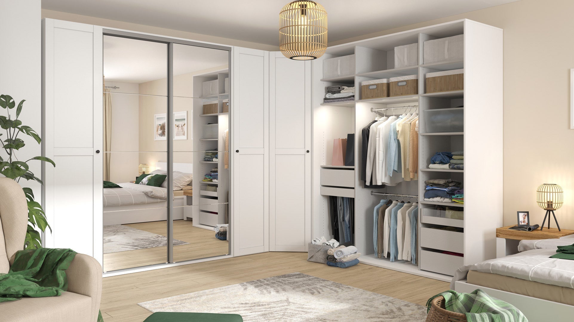 Flex Wardrobe Set 250 cm – White / Mirror, 3-Section with 6 Drawers
