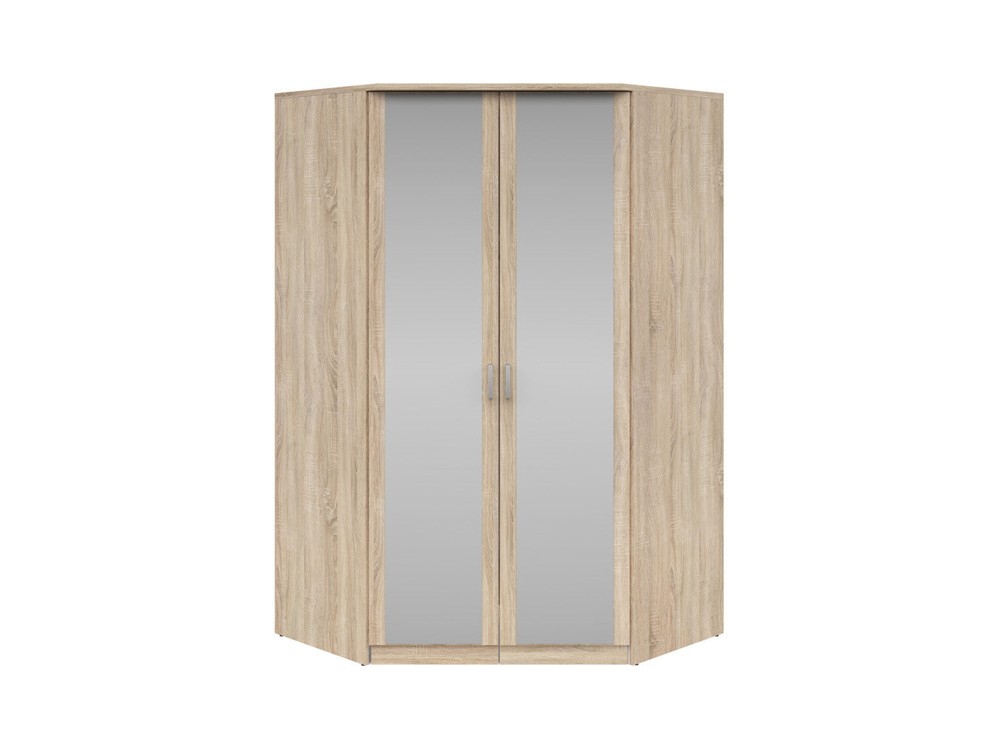 Brando Corner Wardrobe 117×117×199 cm – Mirror Doors, Hanging Rail & Shelves | Sonoma Oak & Grey Canvas