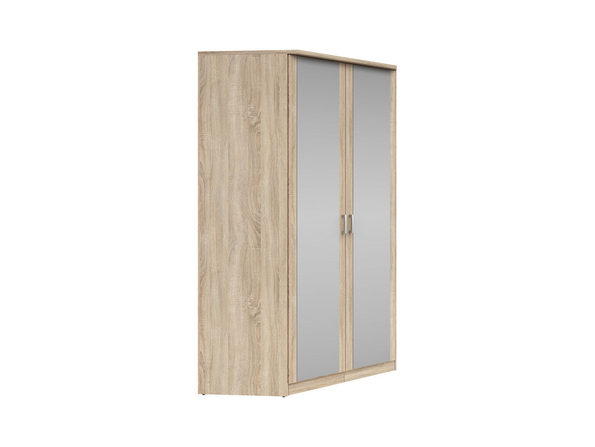 Brando Corner Wardrobe 117×117×199 cm – Mirror Doors, Hanging Rail & Shelves | Sonoma Oak & Grey Canvas