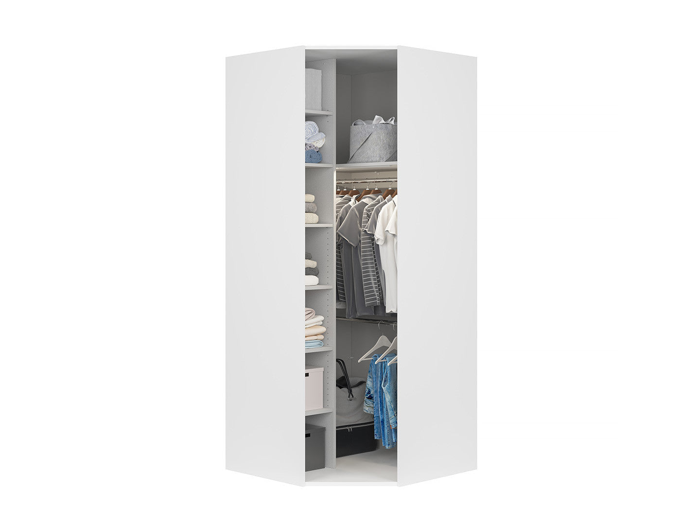 Flex Corner Wardrobe 103cm – White, LED Sensor Light & 6 Shelves