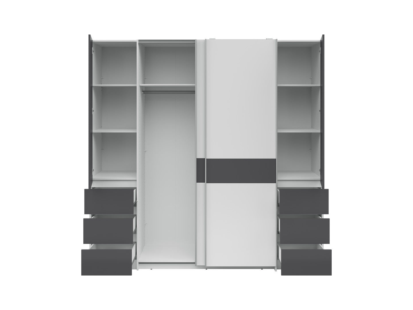 Fabio Wardrobe 215x210 cm – White & Graphite, Sliding + Hinged Doors, 2 Rails & 10 Zones