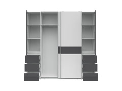 Fabio Wardrobe 215x210 cm – White & Graphite, Sliding + Hinged Doors, 2 Rails & 10 Zones