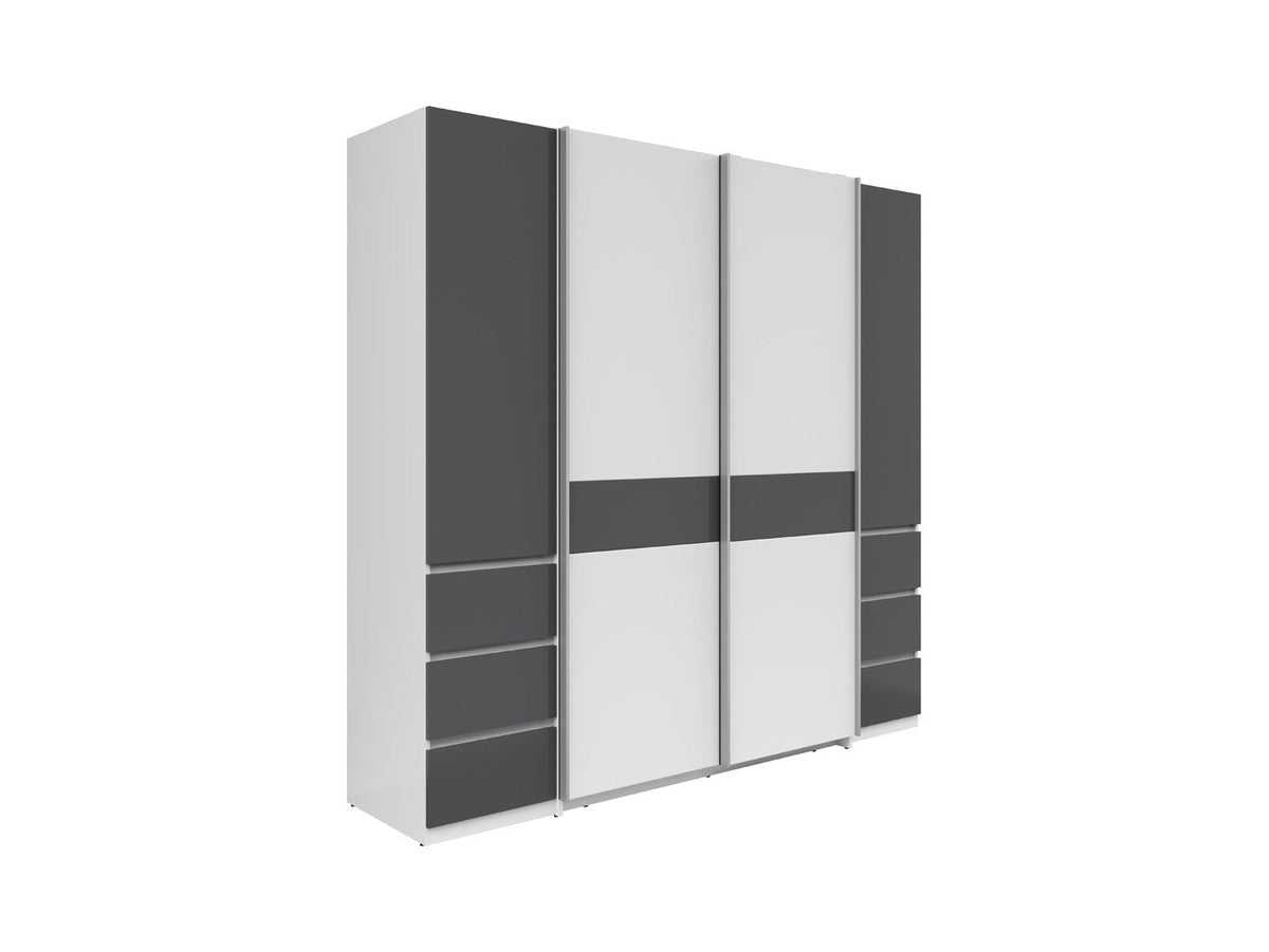 Fabio Wardrobe 215x210 cm – White & Graphite, Sliding + Hinged Doors, 2 Rails & 10 Zones