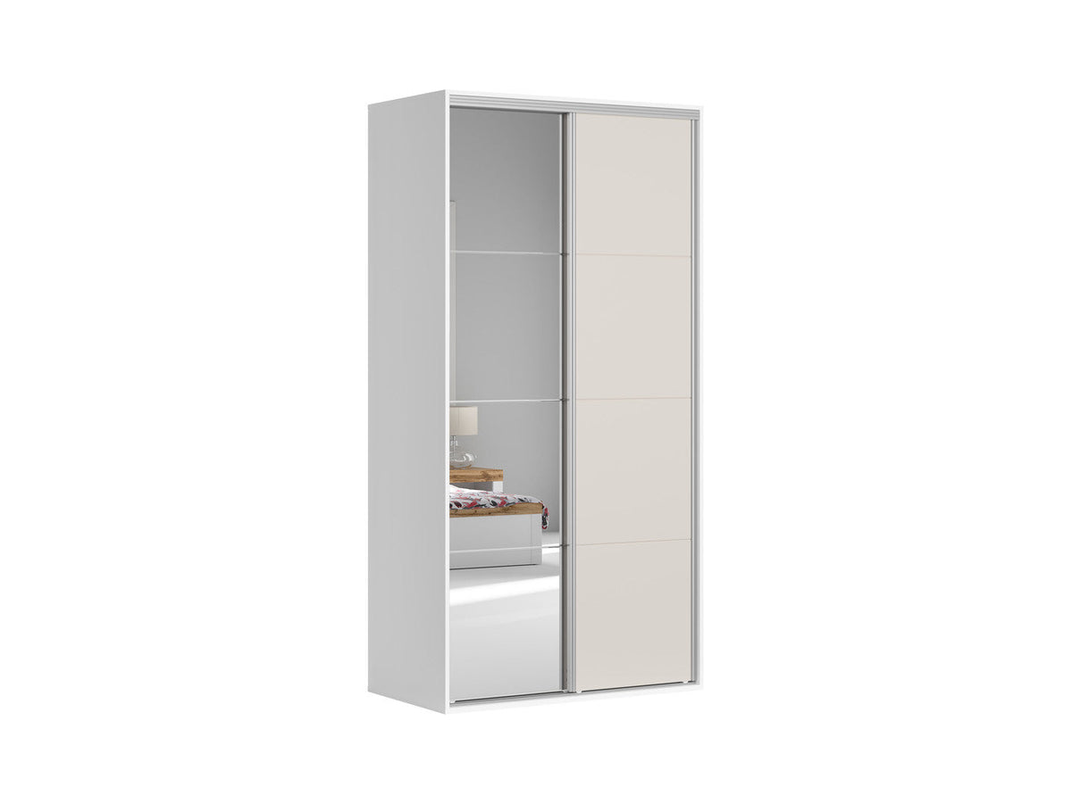 Flex Sliding Door Wardrobe 120 cm – White / Uni Kashmir | Mirror Panel, 3 Drawers, 6 Shelves & 2 Rails