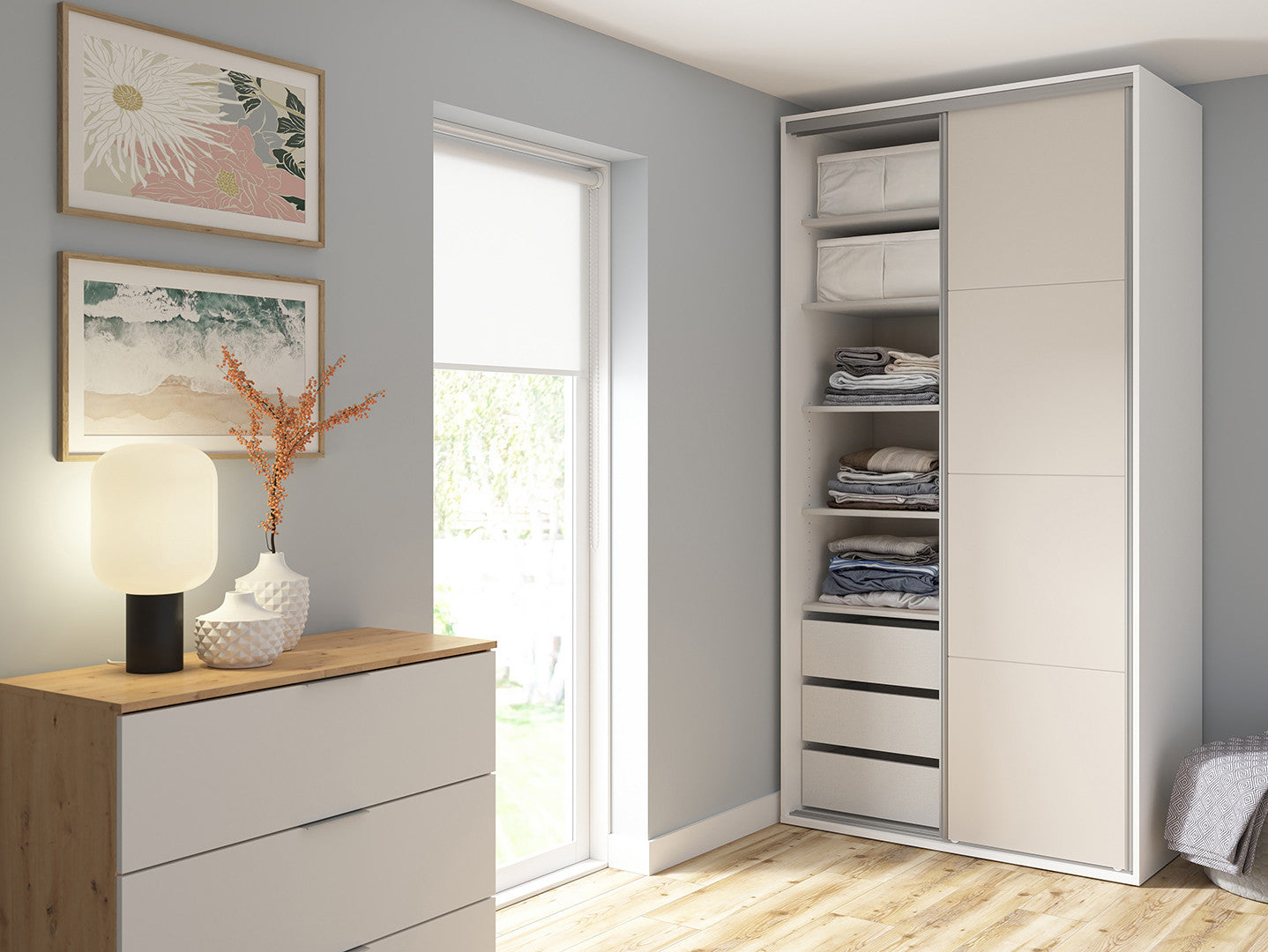 Flex Sliding Door Wardrobe 120 cm – White / Uni Kashmir | Mirror Panel, 3 Drawers, 6 Shelves & 2 Rails