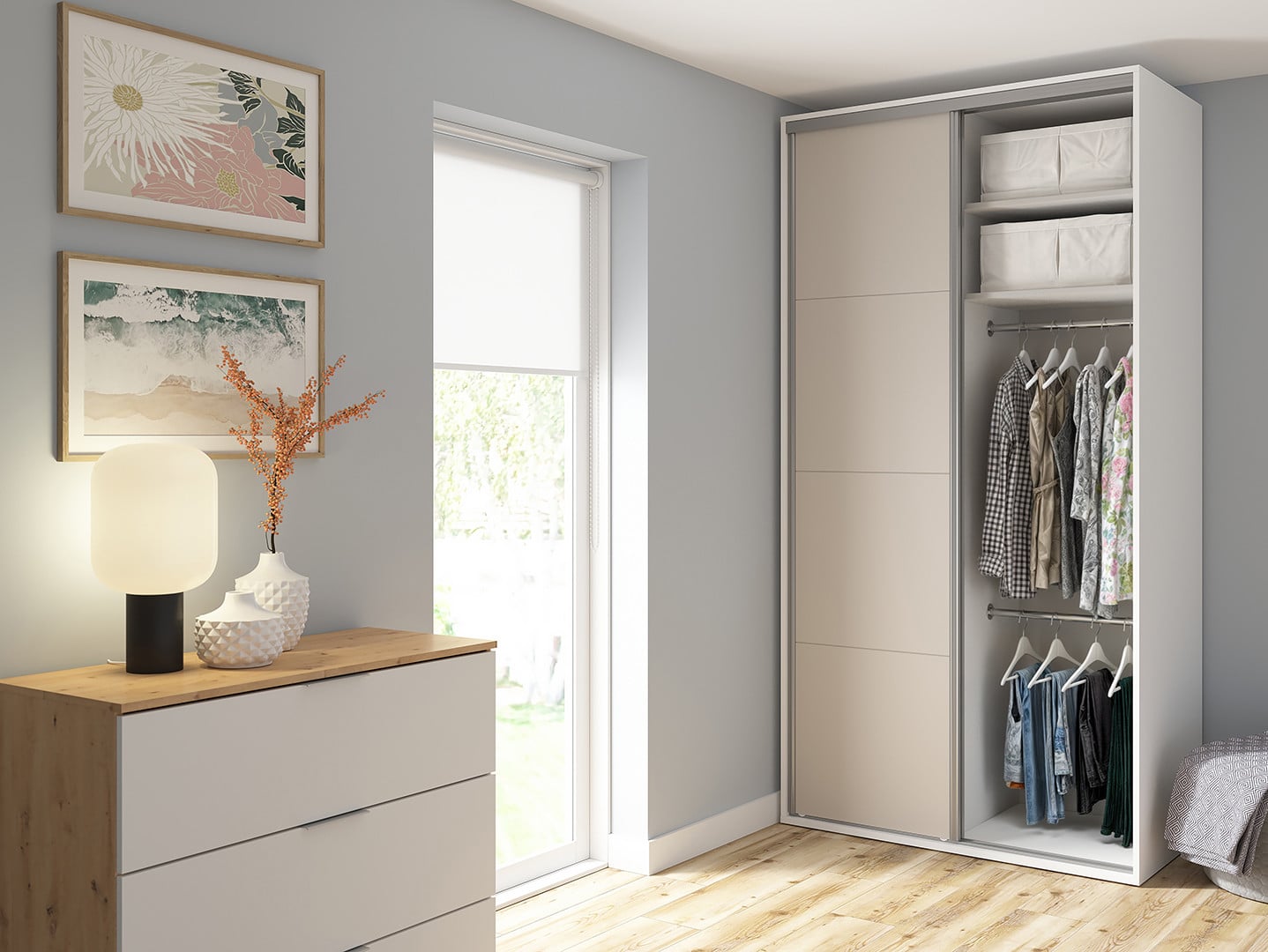 Flex Sliding Door Wardrobe 120 cm – White / Uni Kashmir | Mirror Panel, 3 Drawers, 6 Shelves & 2 Rails
