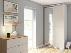 Flex Sliding Door Wardrobe 120 cm – White / Uni Kashmir | Mirror Panel, 3 Drawers, 6 Shelves & 2 Rails