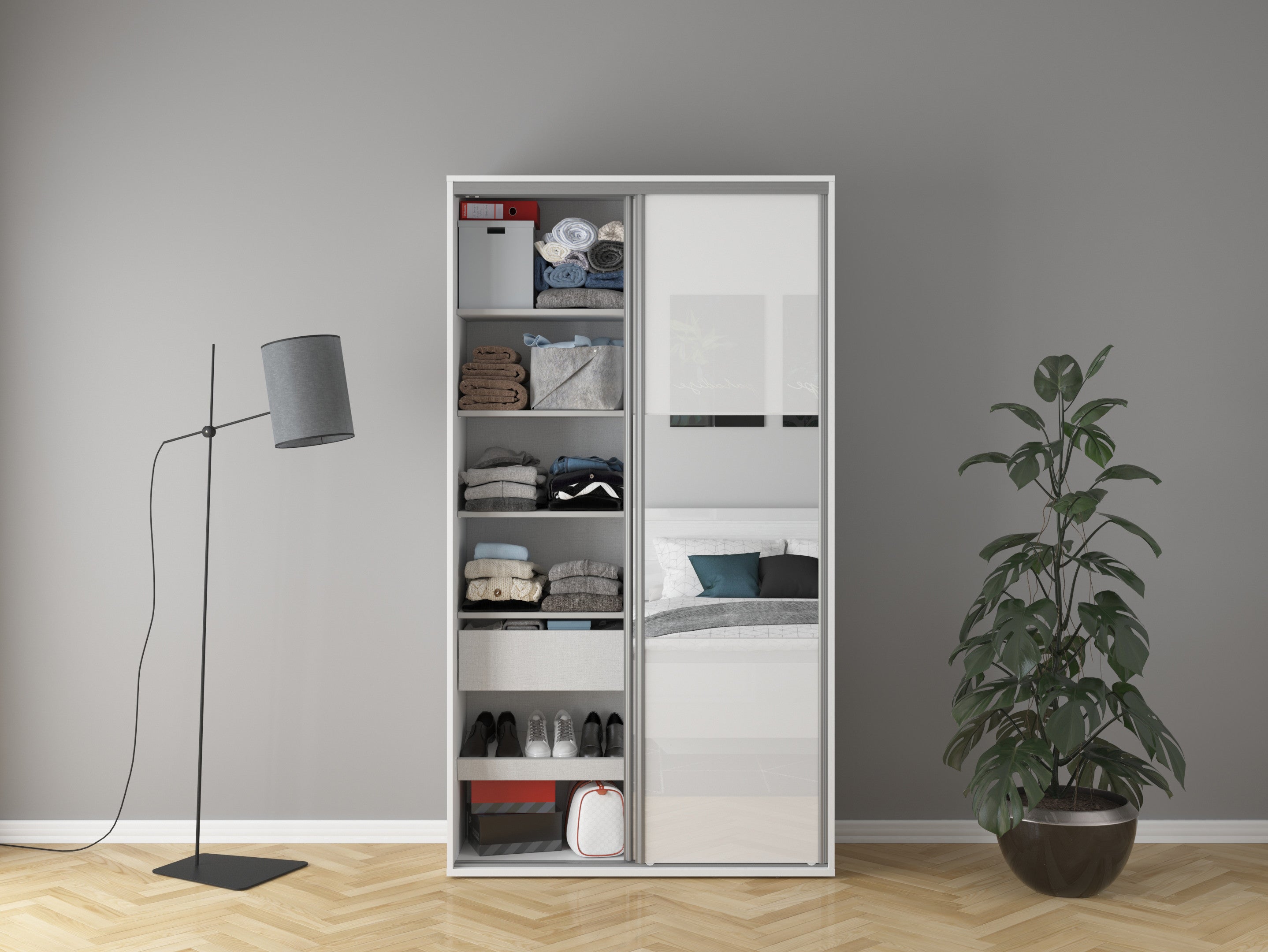 Flex Sliding Door Wardrobe 120 cm – White / White Gloss Mirror | Soft-Close Drawer