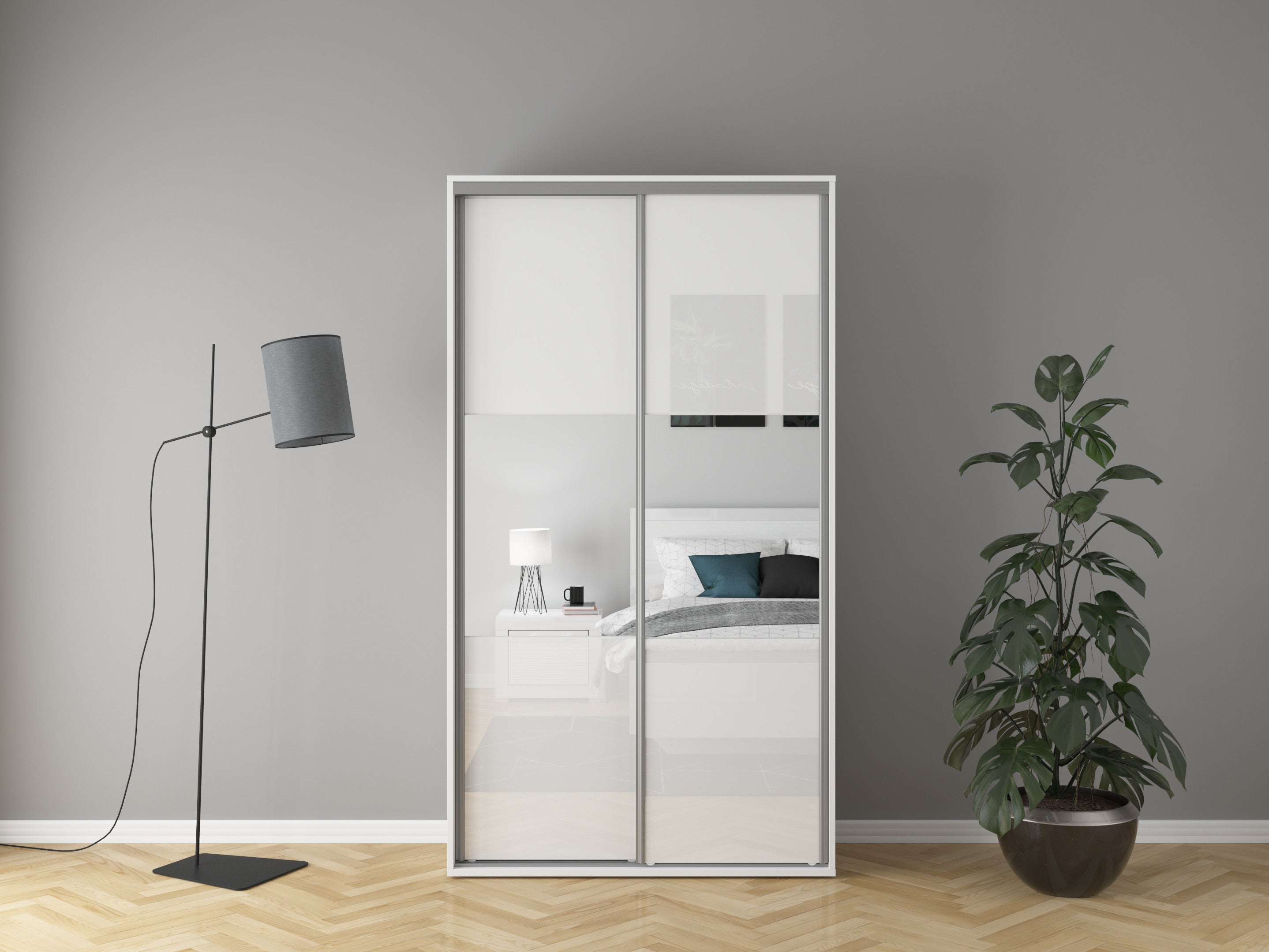 Flex Sliding Door Wardrobe 120 cm – White / White Gloss Mirror | Soft-Close Drawer
