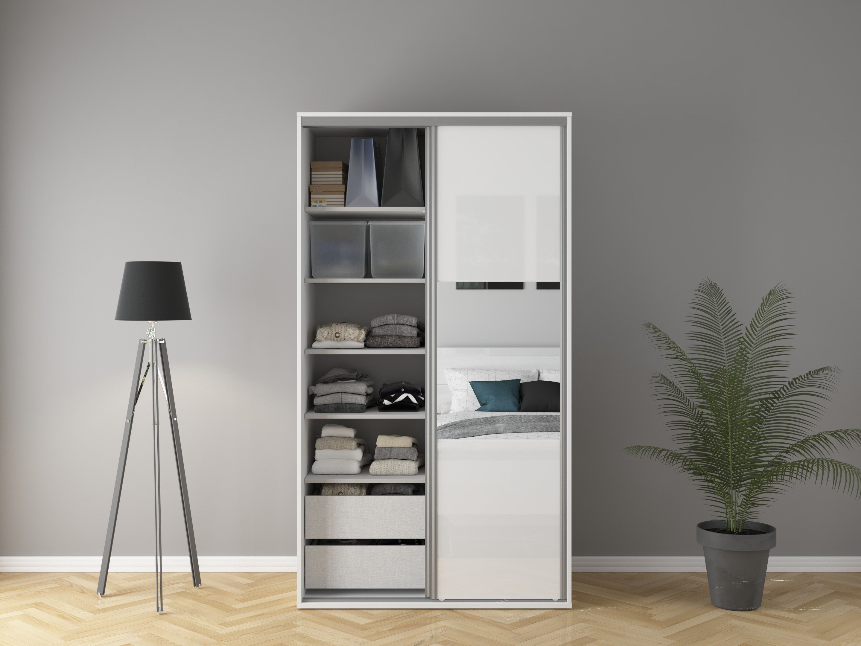 Flex Sliding Door Wardrobe 120cm | White Gloss & Mirror Panels | 2 Drawers, Hanging Rail | 120x218x66cm
