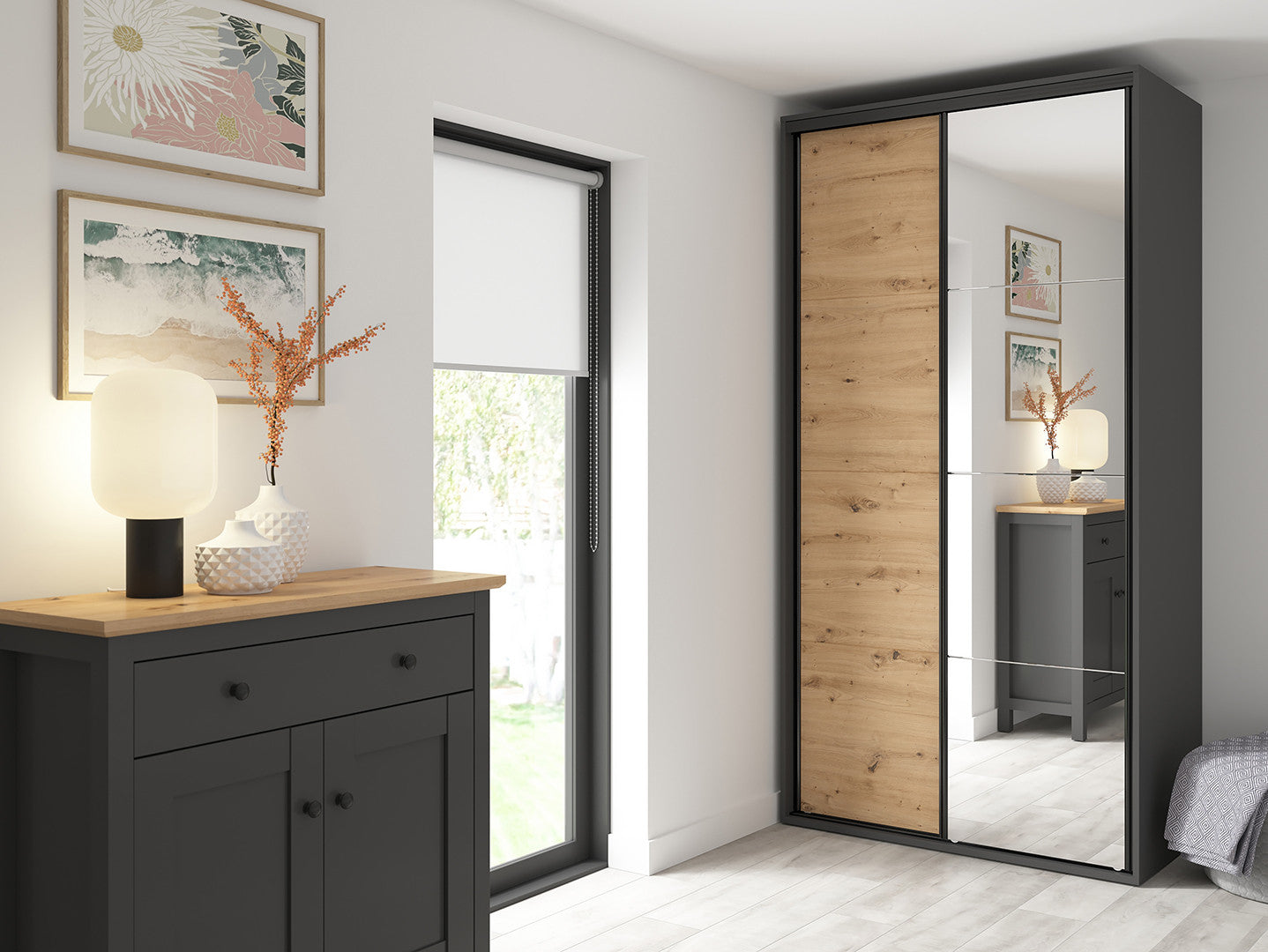Flex Sliding Door Wardrobe 120 cm | Graphite & Artisan Oak | Mirror | 3 Soft-Close Drawers